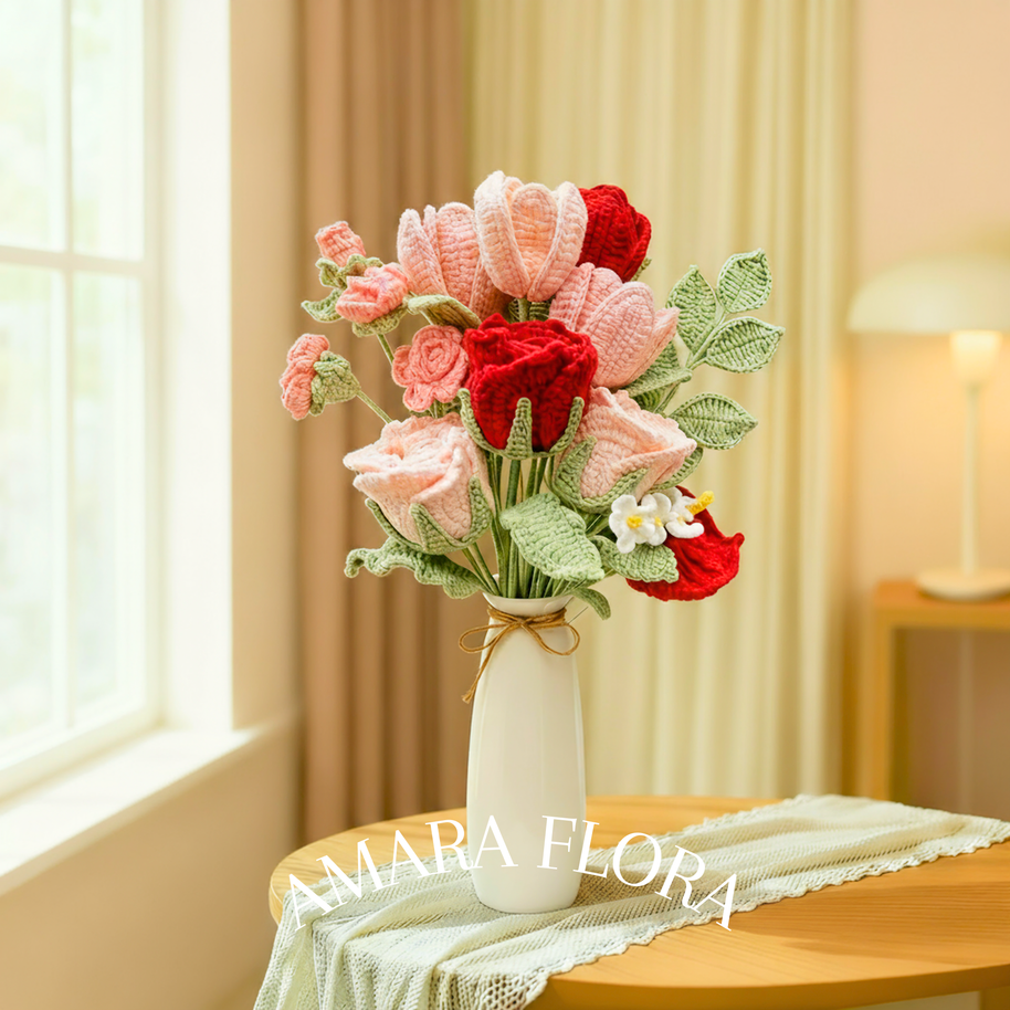 Handmade Crochet Flower Rose Bouquet – Tulips & Lilies - Pink