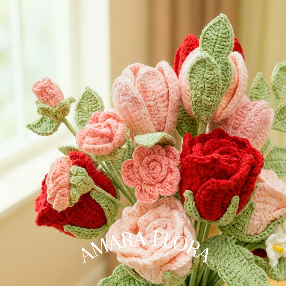 Handmade Crochet Flower Rose Bouquet – Tulips & Lilies - Pink