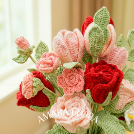 Handmade Crochet Flower Rose Bouquet – Tulips & Lilies - Pink
