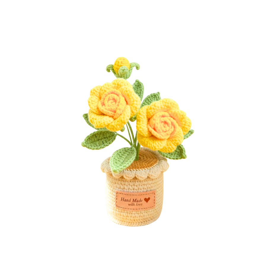Crochet Rose Flower Pot - Yellow